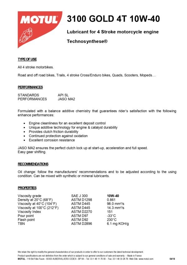 MOTUL 3100 GOLD 10W-40 4T AP 1L - Image 2