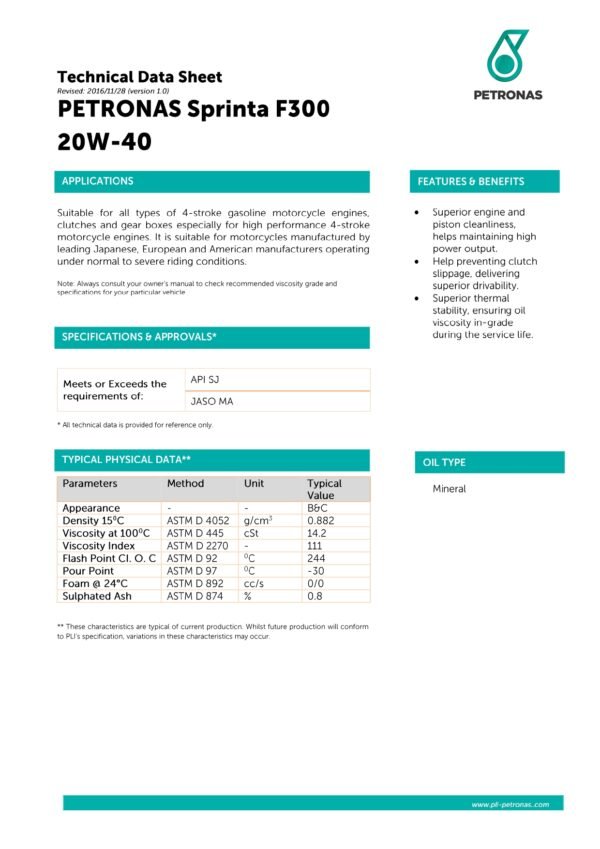 PETRONAS Sprinta F300 20W-40 1L - Image 2